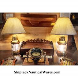 Exceptional Matching Pair of Antique Brass Triplex Nautical Table Lamps