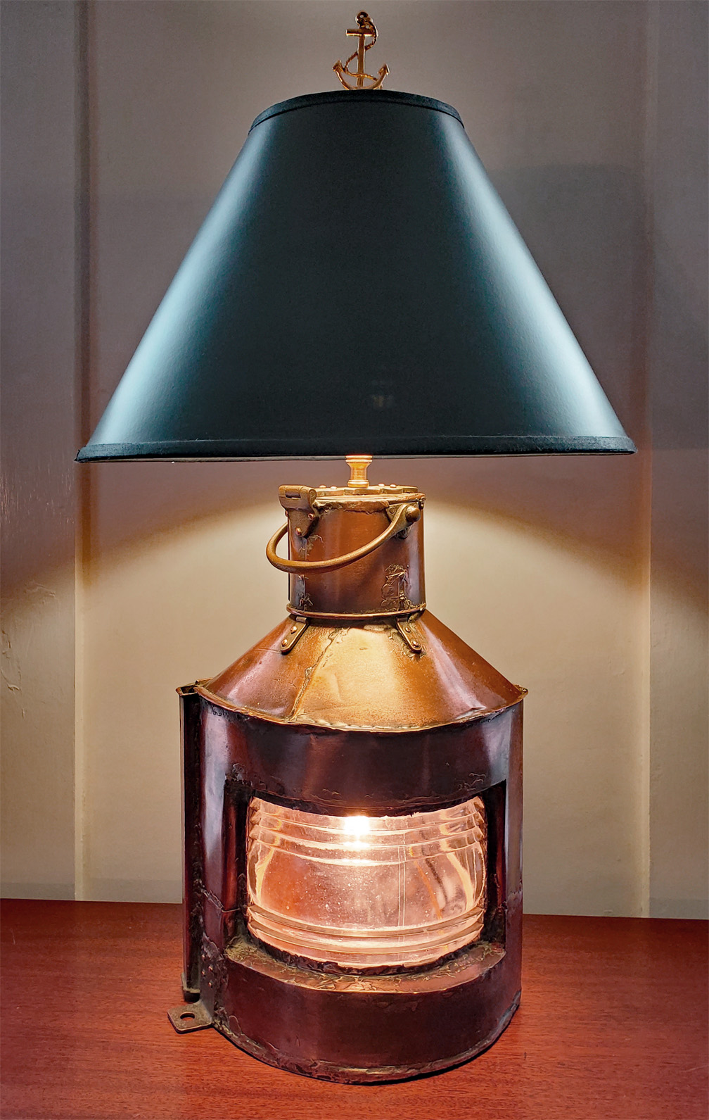 Copper Antique Marine Light Lighting Nautical Table Lamp Fresnel Lens Front View 